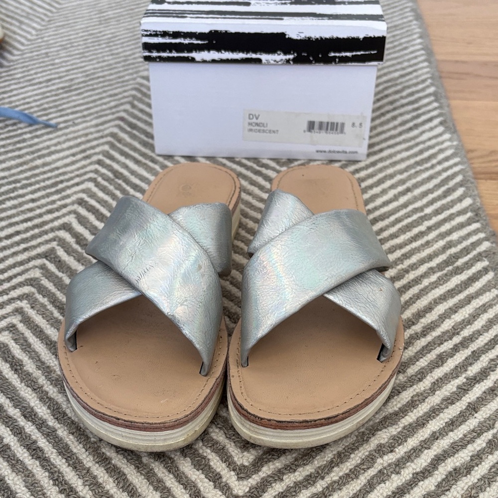 DV by Dolce Vita Metallic Silver Iridescent Crossband Slide Sandals - Women
